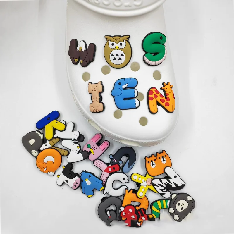 26 Pcs Animal English Alphabet Shoes Flower Shoe Charms Accessories Decorations  PVC Croc Jibz Buckle For Kids Party Xmas Gifts