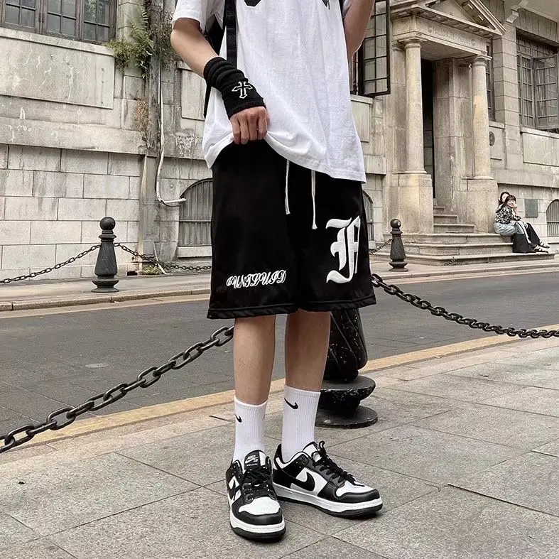 American Retro Shorts Women Harajuku Loose Street Fashion Sports Shorts High Waist Drawstring Hip Hop Straight Five Point Pants