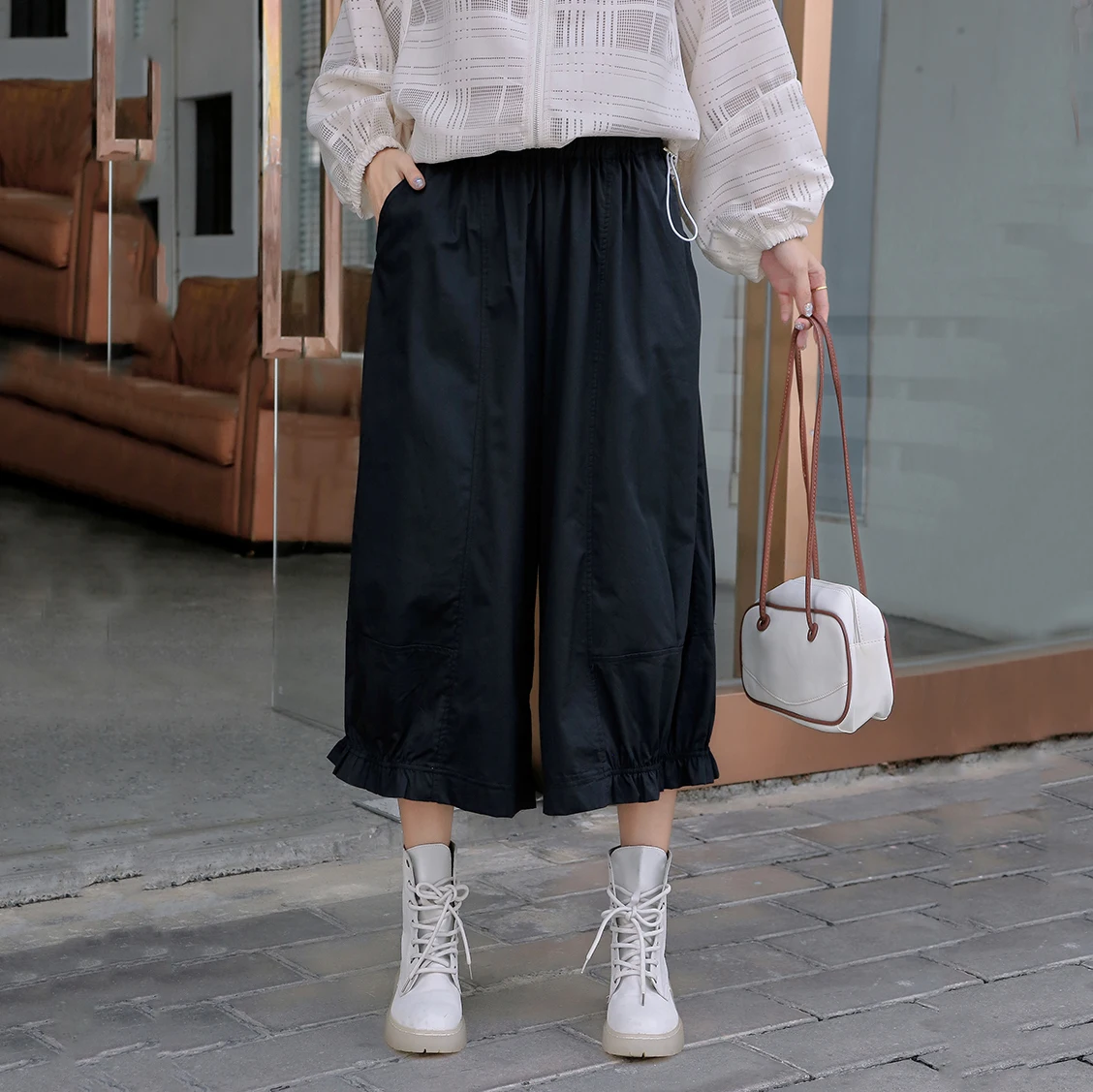 

220814 Casual Ankle-length Pants 2022 Autumn New Simple Elastic Loose Pockets All Match Wide Leg Women Pants