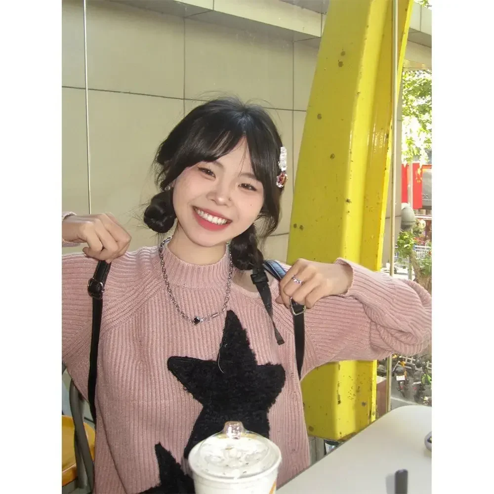 Y2K Эстетический розовый свитер в стиле Харадзюку для женщин Kpop гранж-звезда