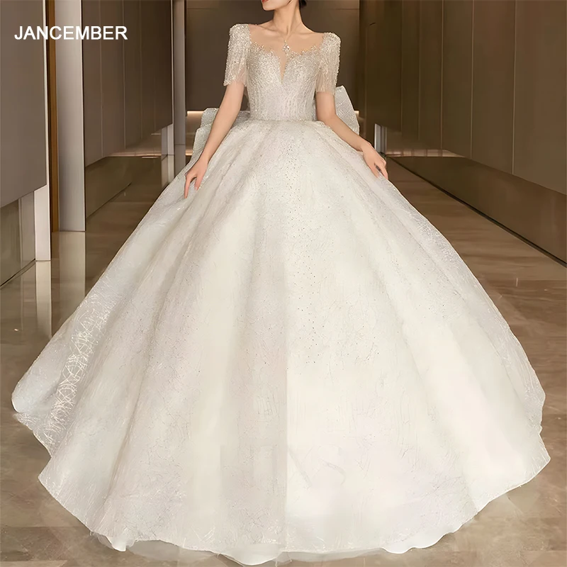 Женское элегантное свадебное платье с круглым вырезом и короткими рукавами