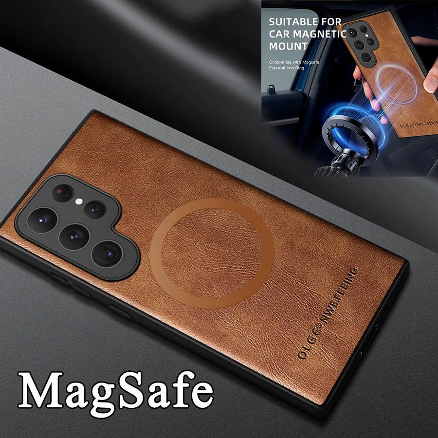 Фото Магнитный кожаный чехол для Samsung Galaxy S25, S24 Ultra, S20, S21, S23, S22, Note 20 Plus, S25Ultra, чехол Magsafe для беспроводной зарядки автомобиля №1