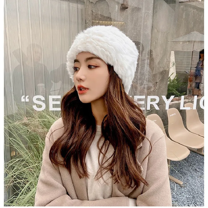 

Winter Rabbit Fur Hat for Women Real Fur Knitted Cap Warm Thicken Beanie Hats Simple Thickened Thermal Caps All Match