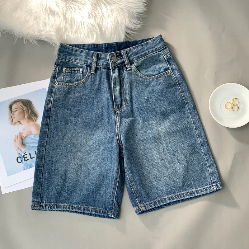 Women Summer Denim Fifth Pant Female Casual Baggy Straight Korean Version Streetwear Clothes Y2k Washed Jean Shorts High Waisted