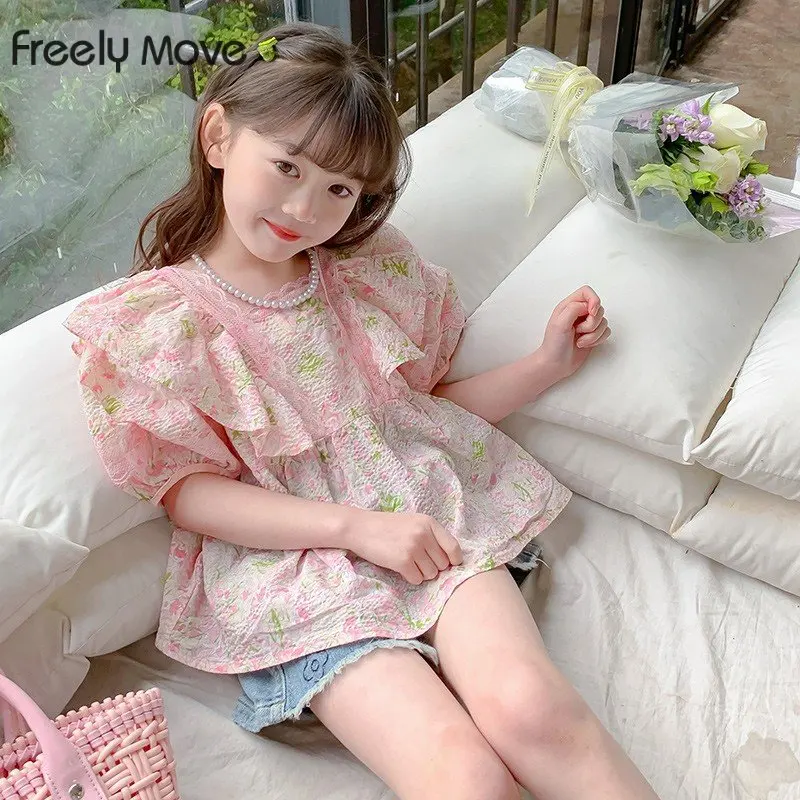 

2023 Summer Girls Blouse Short Sleeve Floral Shirts for Kids Toddler T-shirts Sweet Baby Girls Tops Children Clothes