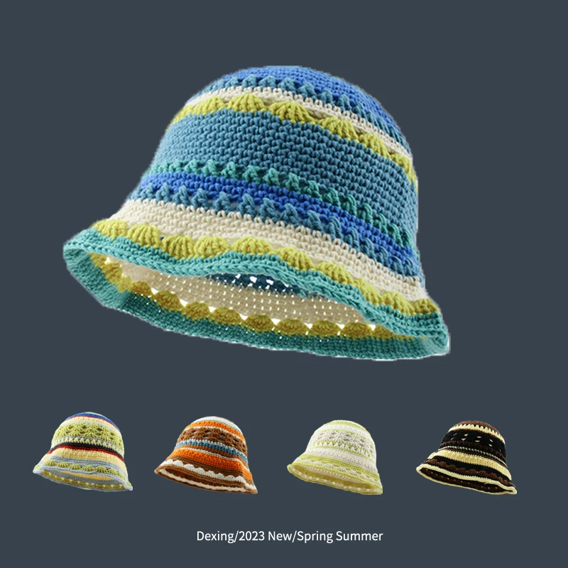 

2023 Women Cotton Crochet Skull Cap Handmade Knit Cutout Striped Beanie bucket hat designer luxury