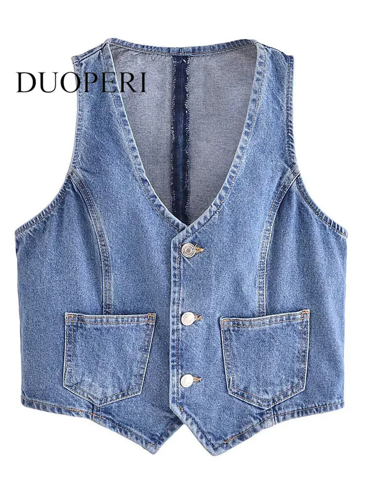 

DUOPERI Women Fashion With Pockets Denim Blue Single Breasted Vest Waistcoat Vintage V-Neck Sleeveless Female Chic Tank Tops