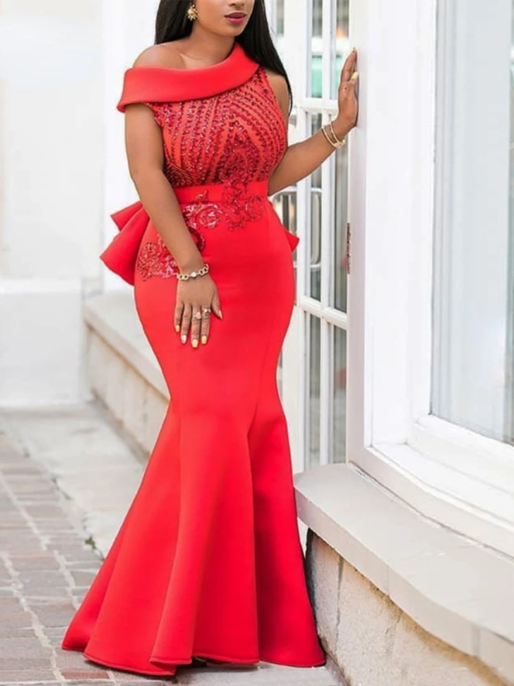 

Women Dress Maxi Mermaid Night Sequined Party Wear Evening Red Classy Formal Dresses One Shoulder Glitter Gowns Summer Clothing