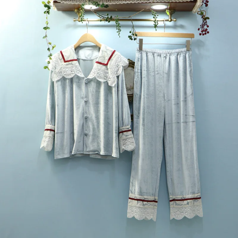 

Women Gold Velvet 2 Pieces Pajamas Set Woman Solid Full Sleeve Pants Nightgown Ladies Lace Pyjamas Sleepwear Loungewear Homewear