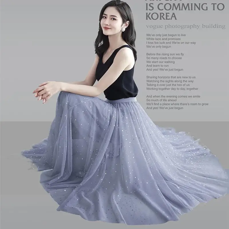

Mesh Star Sequins Skirts Korean Version High Waist Mid Length Skirt Slim Female Student Fairy Dress Half Length Dresses