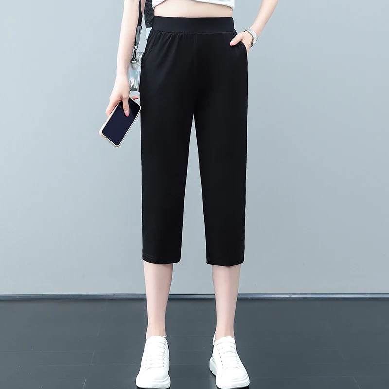 2023 Korean Summer New Thin Fashion Trend 7-Point Trousers Women'S Cotton Versatile Comfortable Elastic Waist Casual Pants