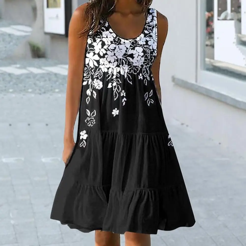 

Women Summer Dress Flower Print Summer Midi Dress Pleated Lady Midi Dress