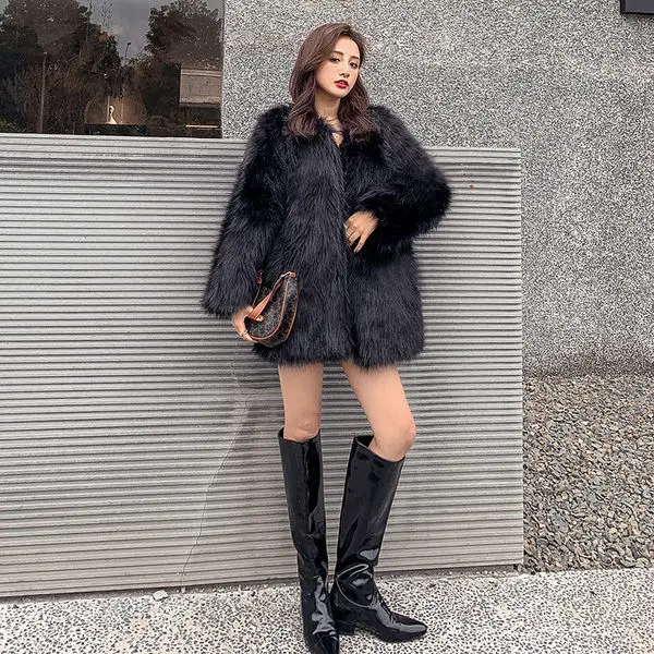 Women's Leather Fur Coat Raccoon Fur Fashionable Fur Coat Women's Mid-Length Faux Fox Faux Fur Coat