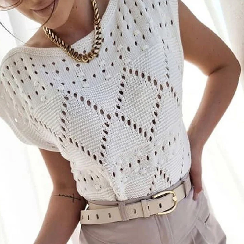 

Loose Hollow Out Women's Sweater Vest Crochet Tank O-Neck Knit Ladies Pullover Racerback Workout Blouse Sleeveless Female Top