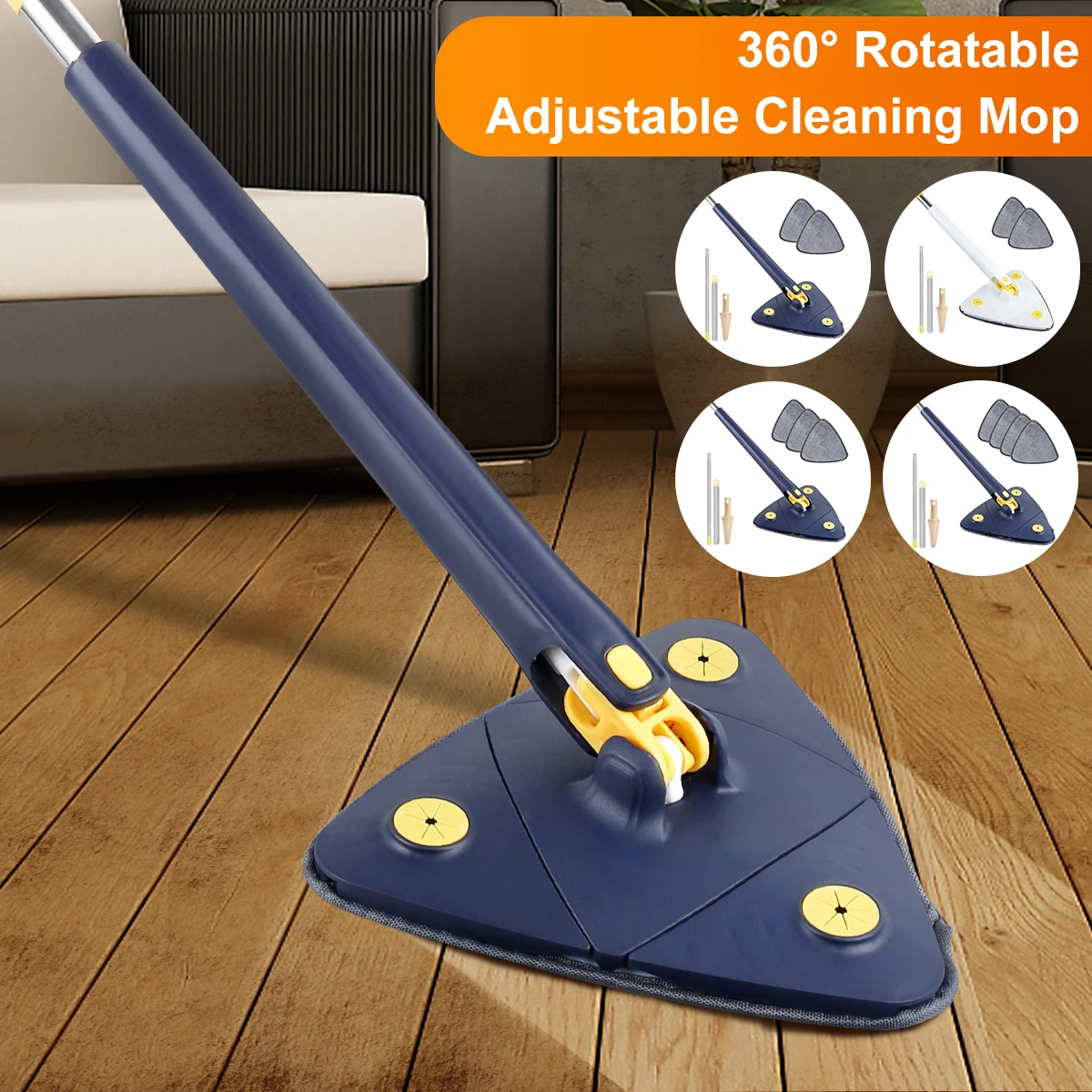 Triangle Cleaning Mop 360° Rotatable Telescopic Squeeze Mop Wet and Dry Use Water Absorption Home Ceiling Floor Cleaning Tool