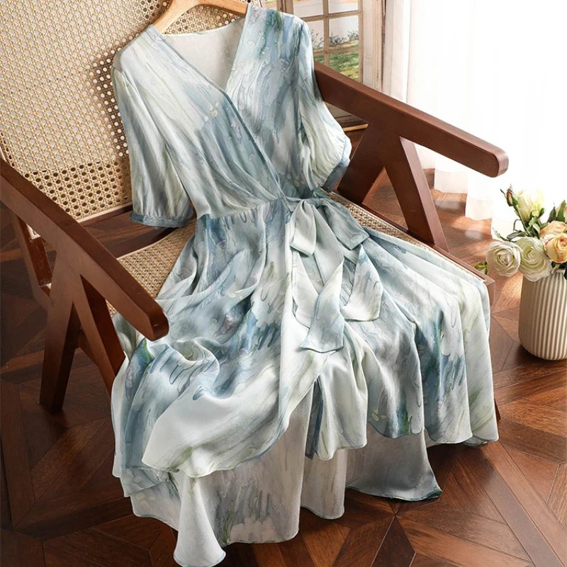 

Шелковые платья с принтом для женщин, новинка 2023, атласное свободное летнее винтажное платье в стиле ампир с короткими рукавами, женское блестящее платье YCMYUNYAN