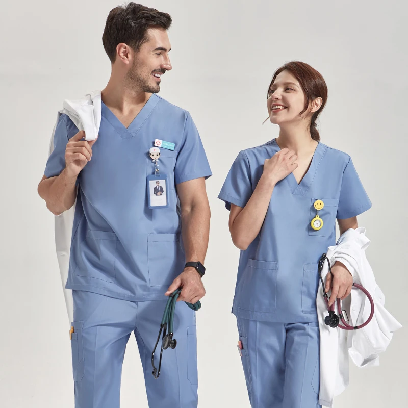 

Men Scrubs Nursing Uniforms for Women Cotton Blue Poplin Top and Pant OR Petite Medical Clothing Workwear Scrubs Set 8020-02