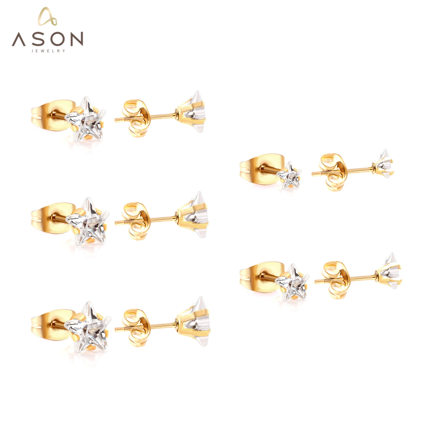 

ASONSTEEL Trendy 5Pairs/lot Size 3mm-7mm Star Cubic Zirconia Earrings Stainless Steel Anti-allergy Earring for Women Jewelry