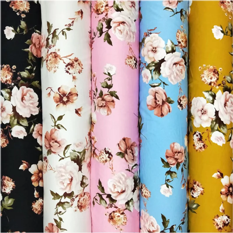 

Floral Printed Viscose Fabric By the Meter Rayon Poplin Fabric Spring Summer Flower Dress Cloth Black White Yellow Blue Pink