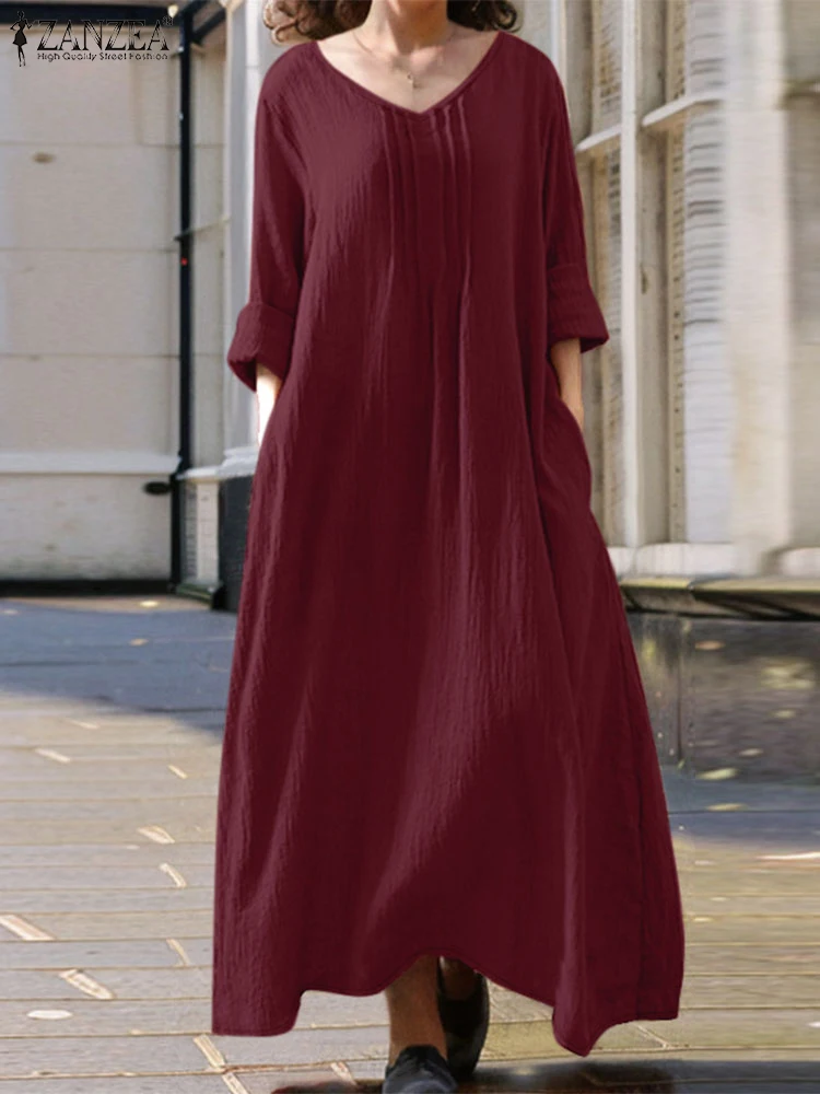 ZANZEA отпускное платье макси с длинными рукавами осень 2024 женские однотонные