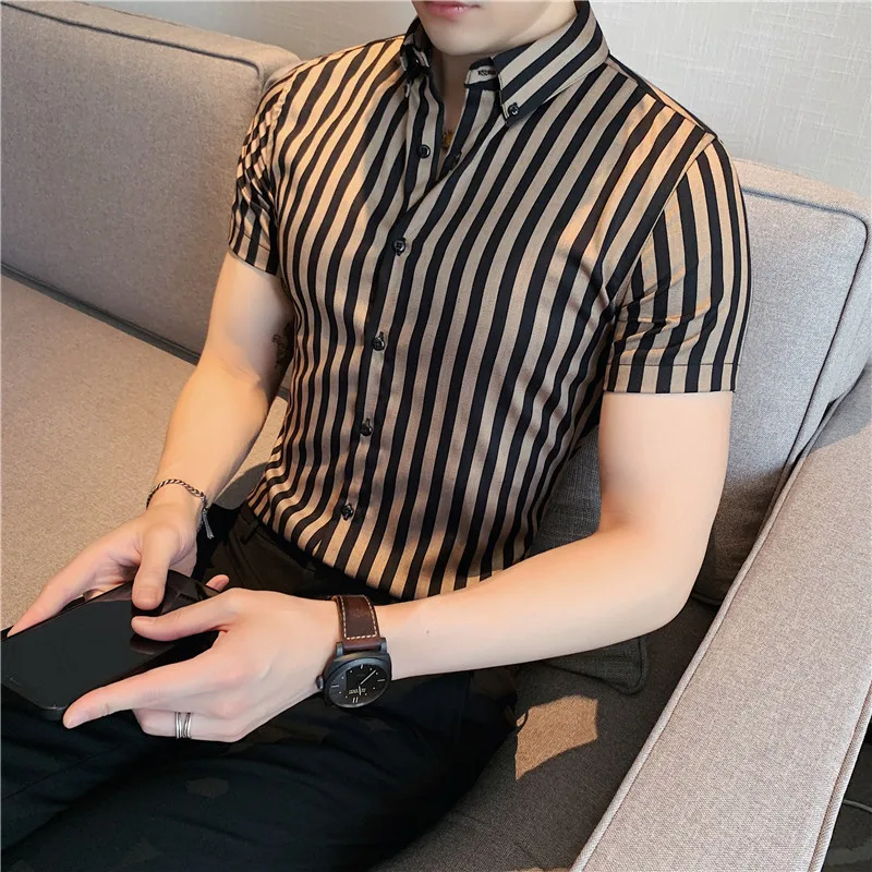 

High Quality Summer Short Sleeve Striped Shirts For Men Clothing 2022 Simple Luxury Slim Fit Business Casual Formal Wear Blouses