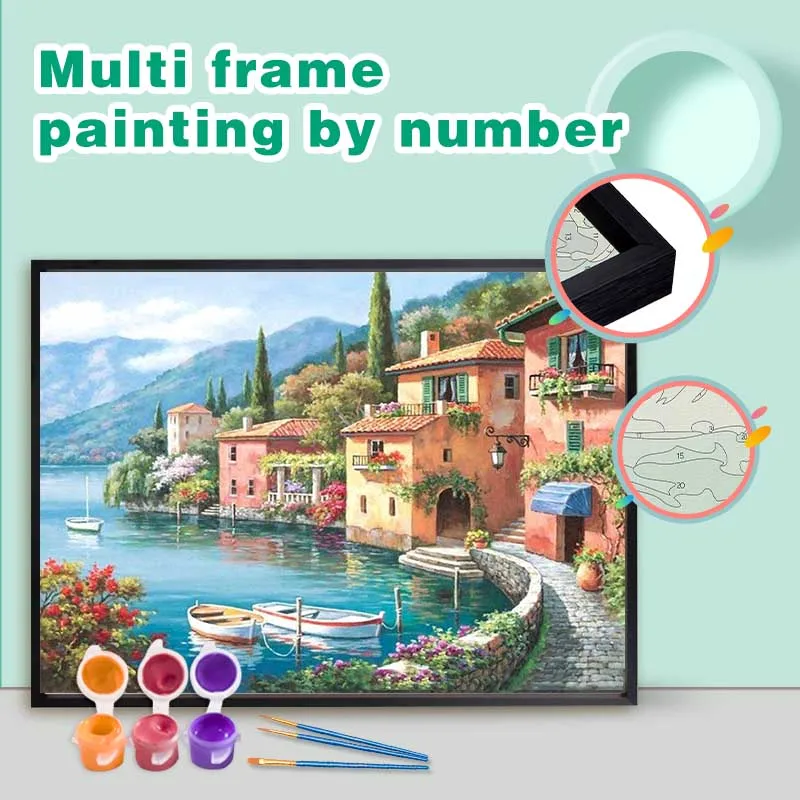 

CHENISTORY Pictures By Numbers Multi Aluminium Frame Kits Drawing Canvas Diy Gift Oil Painting Lakeside House Scenery Home Deco