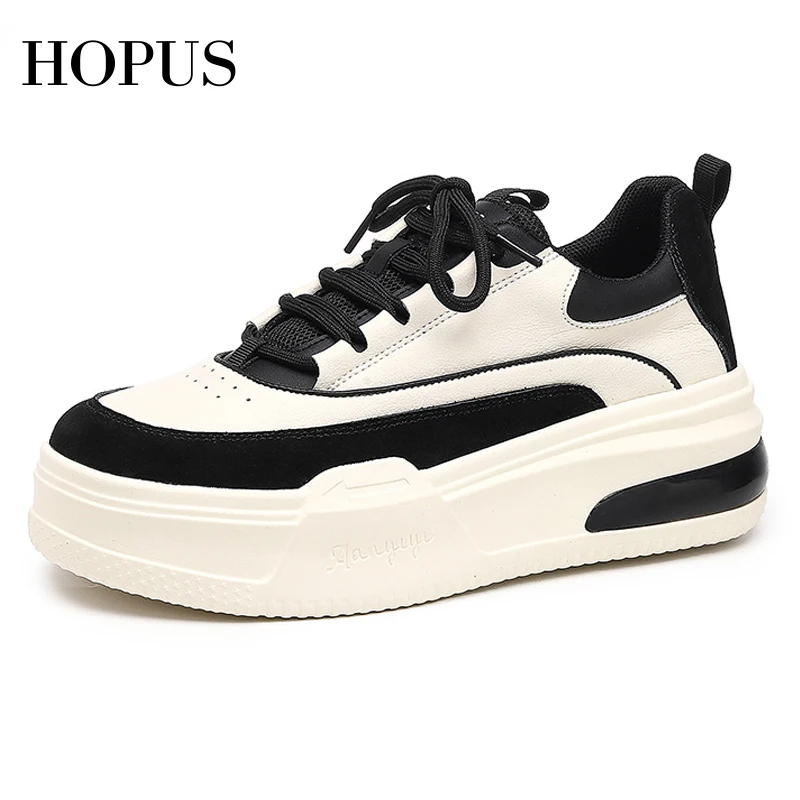 

HOPUS New Woman Sneakers 2023 Spring Mixed-Color Fashion White Sports Shoes Female Thick Sole Lace-up Leather Women Shoes Comfy