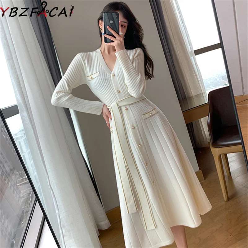 

2022 Korea Chic Black Long Sleeve Knit Dress Elegant Women Fall Winter White V-Neck Waist Slim Long Sweater Dress With Belt