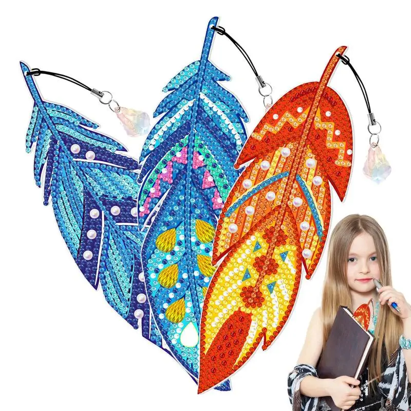 

Rhinestone Painting Feather Bookmark 3 Pcs DIY Rhinestone Painting Bookmarks With Crystal Pendant Acrylic Art Feather Bookmarks