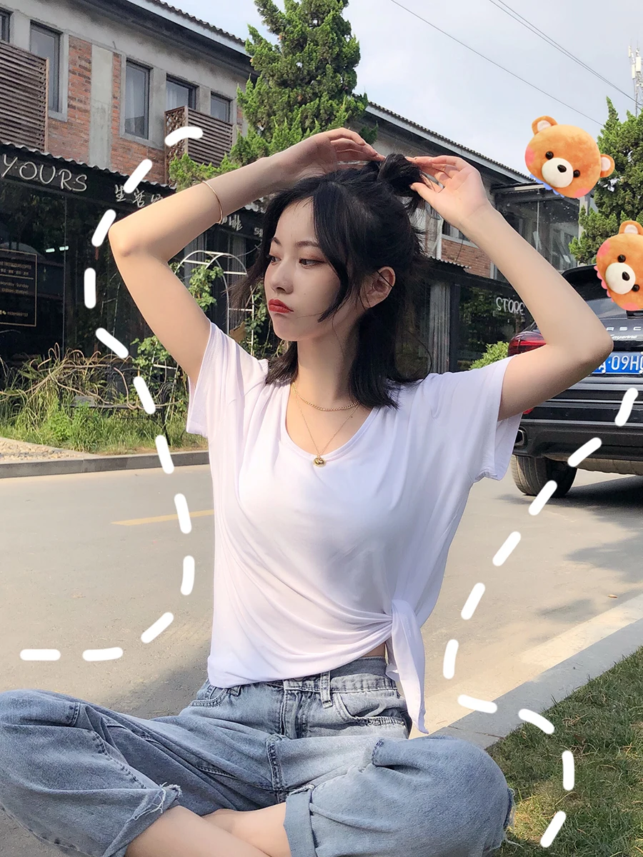 

A T-shirt button sexy top women's summer new net red low-neck bottoming shirt thin slim fit short V-neck short-sleeved vest