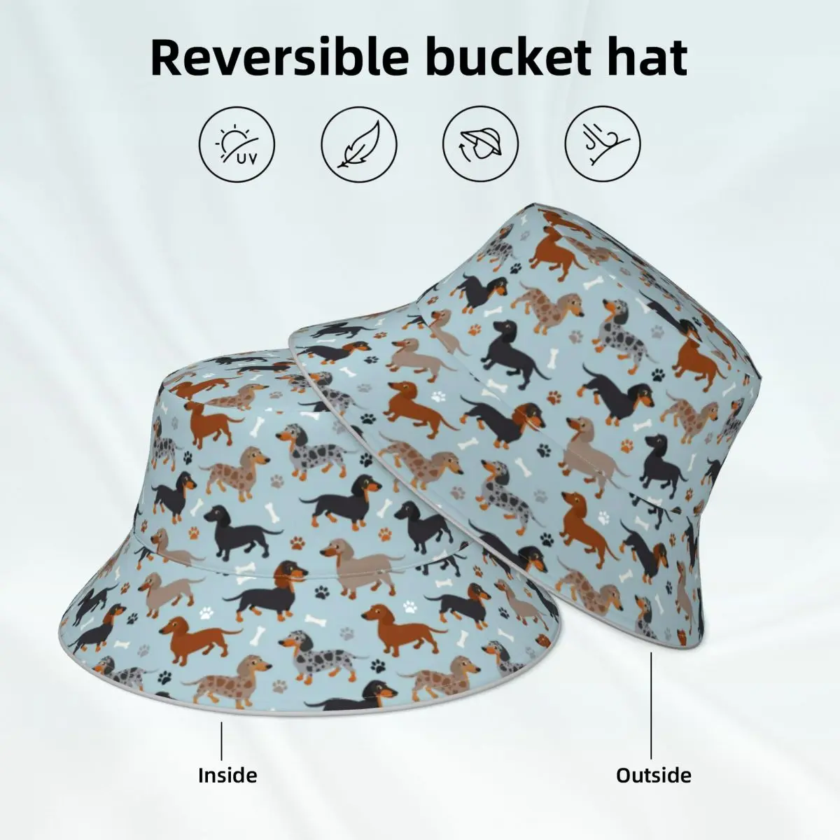 

Dog Print Bucket Hat Dachshund Paws and Bones Custom Hawaii Fisherman Hats Double-sided Wear Classic Reflective Sun Hat