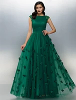 a line floral prom formal evening dress boat neck short sleeve floor length tulle with crystals appliques 2022
