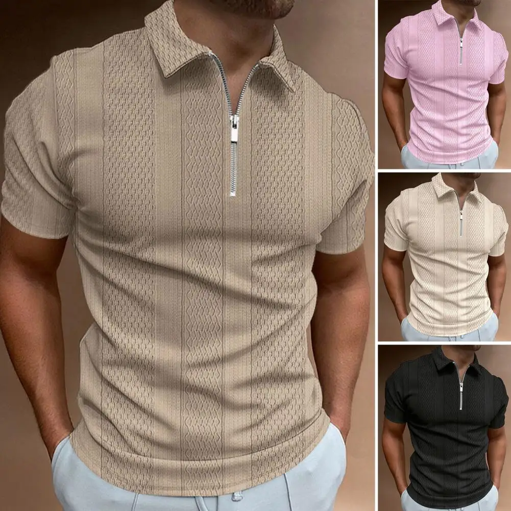 

New Men's Solid Color Shirt Collar Short Sleeve Dress Zipper Fashion Summer Casual Street Top 3D Print T-shirt