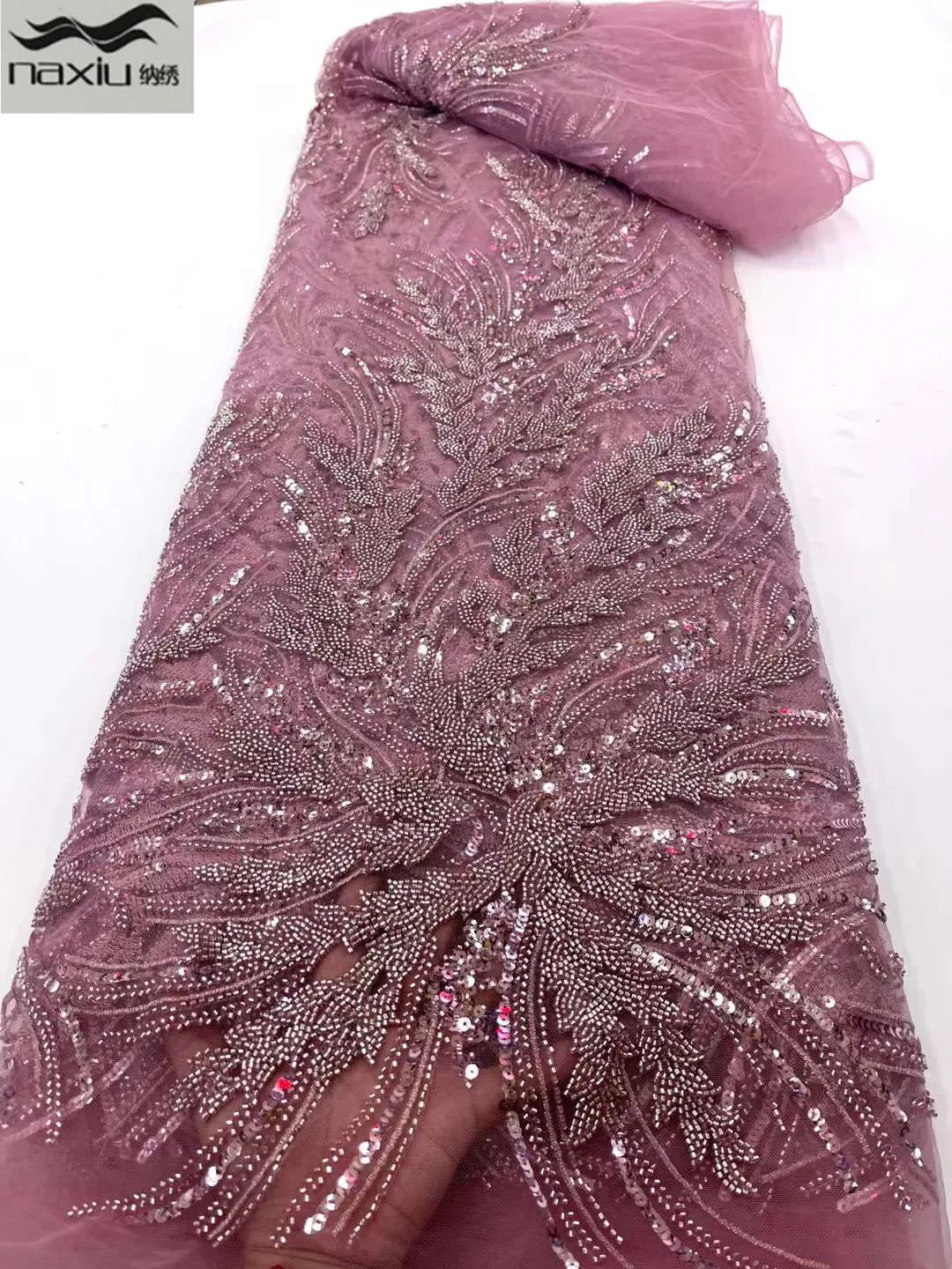 

Madison Heavy African beaded Lace fabric French Sequins 2022 Embroidery Tulle Lace Fabrics For Nigeria Wedding Dress 4.4kg/5Y