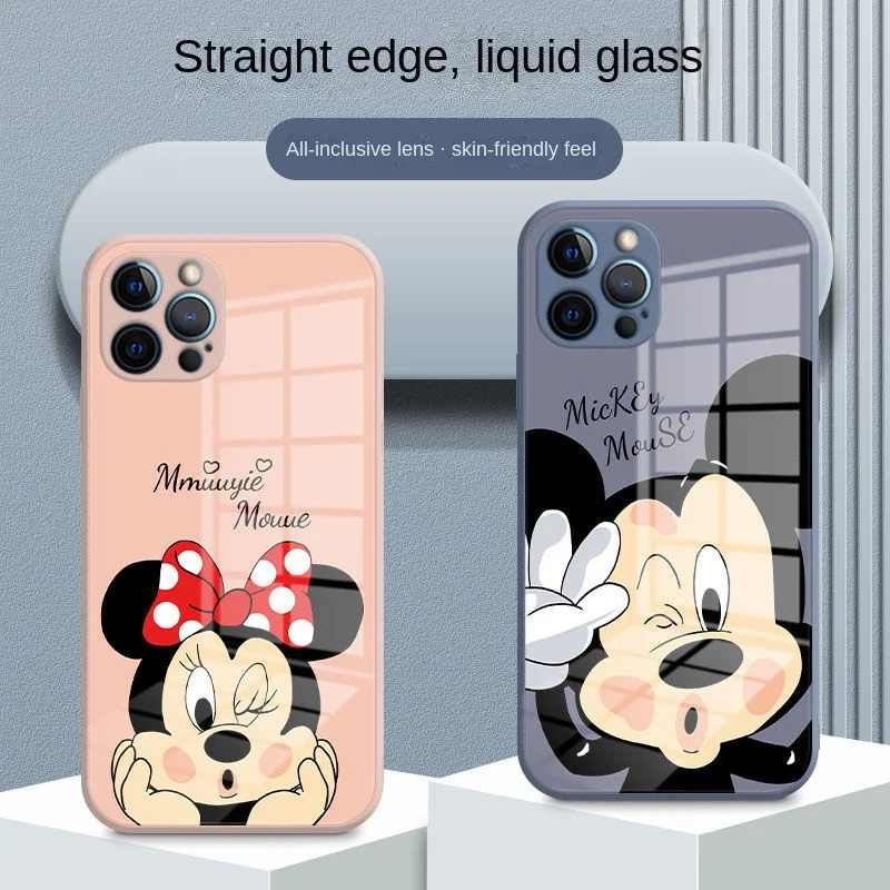

Disney Mickey Minnie Cartoon Glass Phone Case Shockproof Cover for Iphone 13 12 11 Pro Mini XS MAX 7 8 X XR Silicone Soft Cover