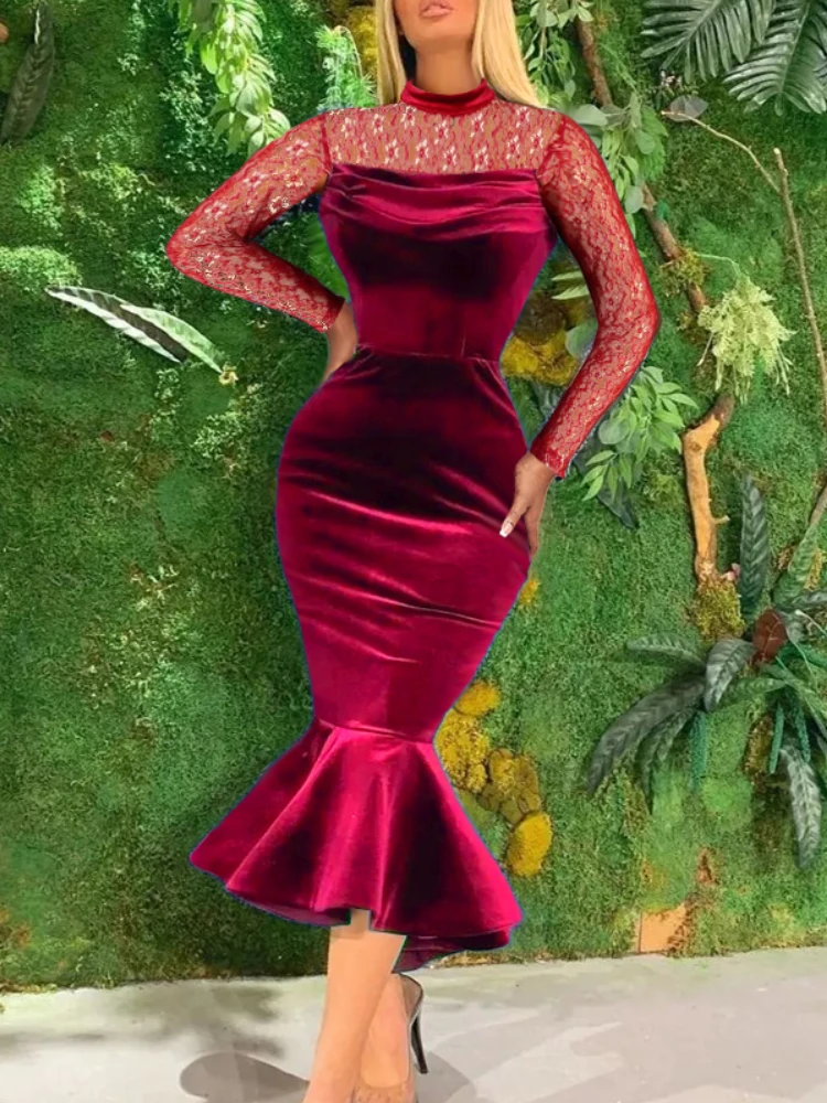 

Женское бархатное платье AOMEI 4XL, бордовое кружевное лоскутное платье с длинным рукавом и складками, облегающие вечерние платья для коктейль...