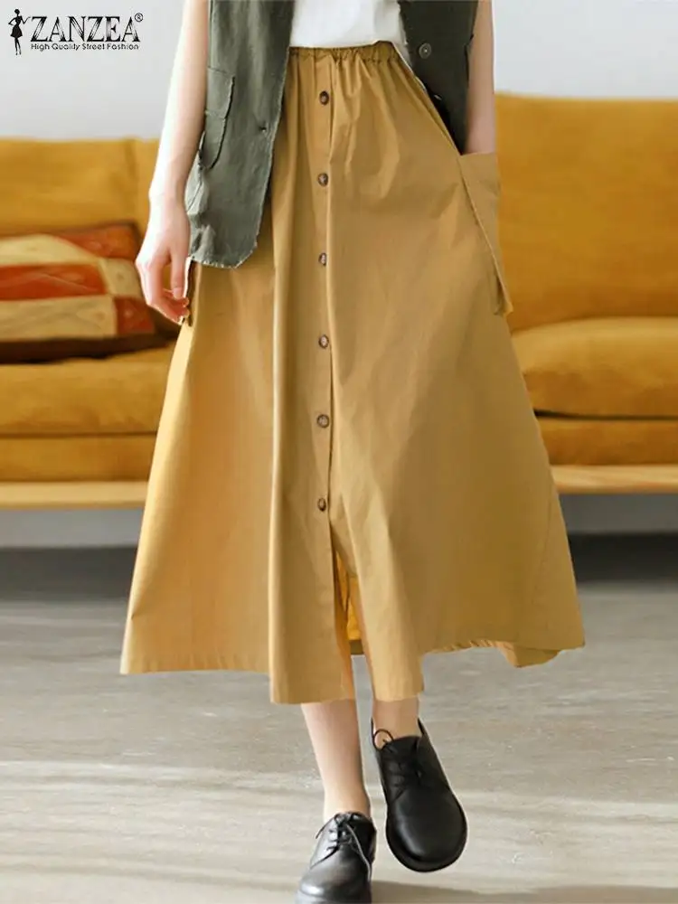 

ZANZEA Vintage Women Skirts 2022 Summer Office Lady Maxi Skirts Casual Solid Pockets A-line Elastic Waits Bottoms Oversized