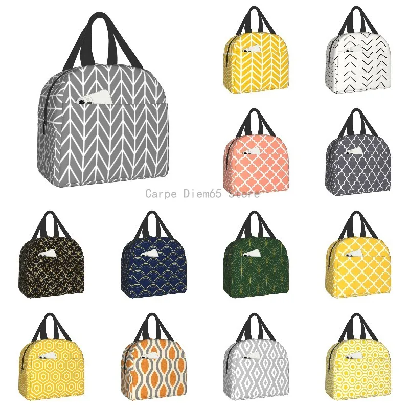 

Simple Geometric Insulated Lunch Bag for Women Abstract Geometry Portable Thermal Cooler Bento Box Kids School Food Picnic Bags