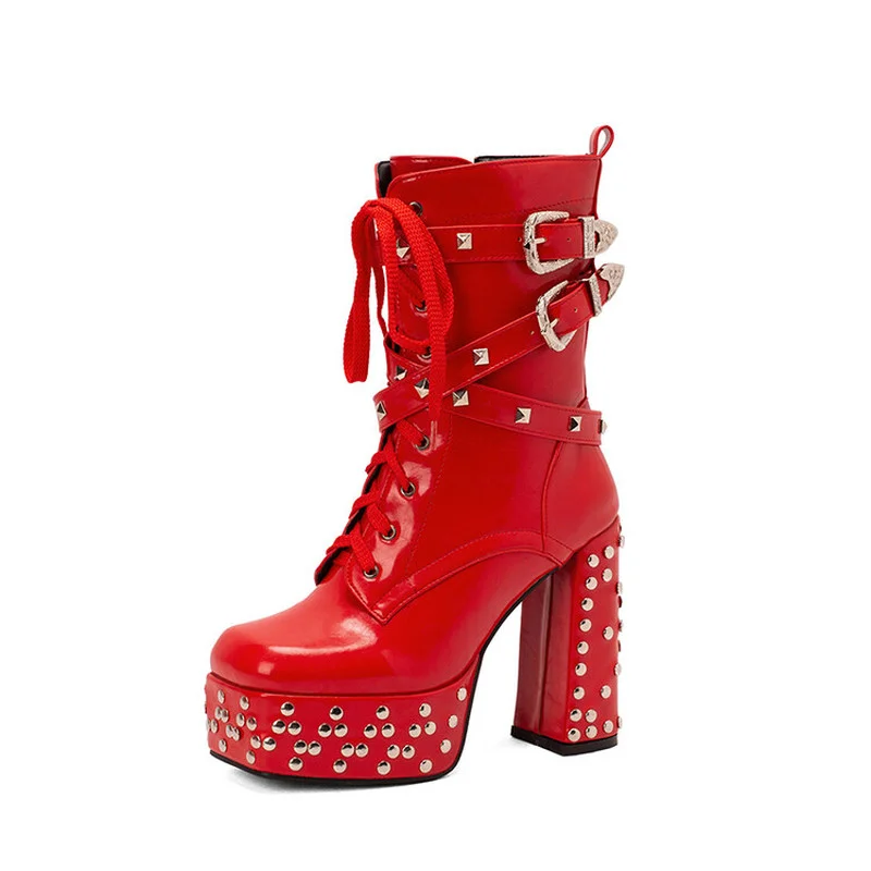 2022 Women's Autumn and Winter New European and American Fashion Rivets Square Toe Thick High-heeled Boots Lace-up Ankle Boots