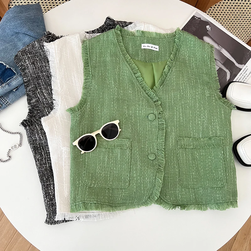 

Женская твидовая куртка с V-образным вырезом, Модный Маленький очаровательный однобортный Топ на пуговицах, с двумя карманами, с мехом сбоку