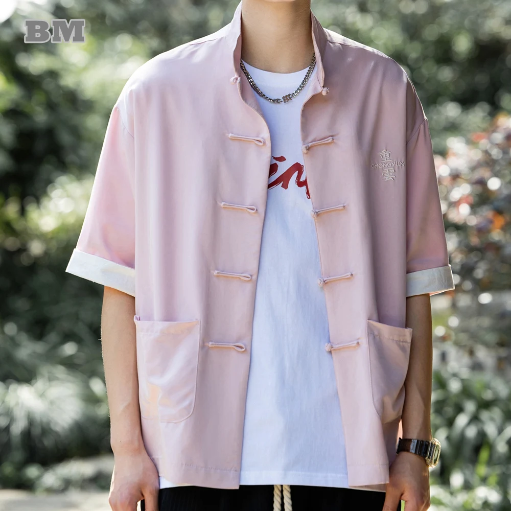 

Chinese Style Summer Text Embroidery Casual Short Sleeve Shirt Men Loose Vintage Thin Tang Suit Plus Size Hanfu Top Men Clothing