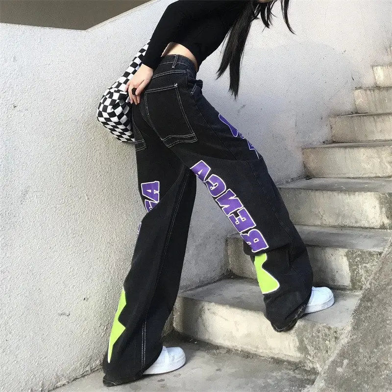 

American Street Hip-hop Jeans Women's Retro High Street Alphabet Star Print Loose High Waist Straight Wide Leg Long Pants