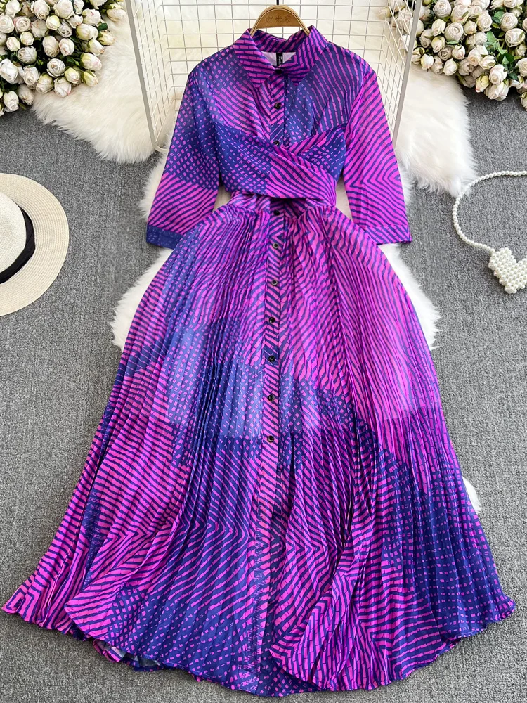 

Женское плиссированное платье составного кроя, Элегантное однобортное длинное платье фиолетового/синего/розового цвета с отложным воротником и рукавом 3/4, осень