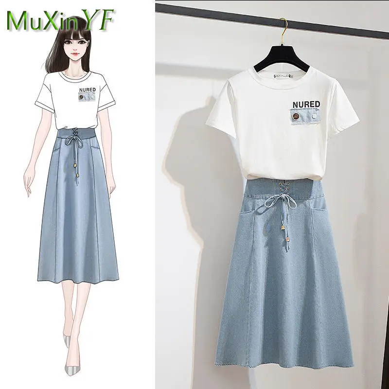 

Women's Short Sleeve Denim Skirt Suit 2022 Summer New Top T-Shirt Midi Skirts Two-Piece Korean Fashion Elegant Blosue Dress Set