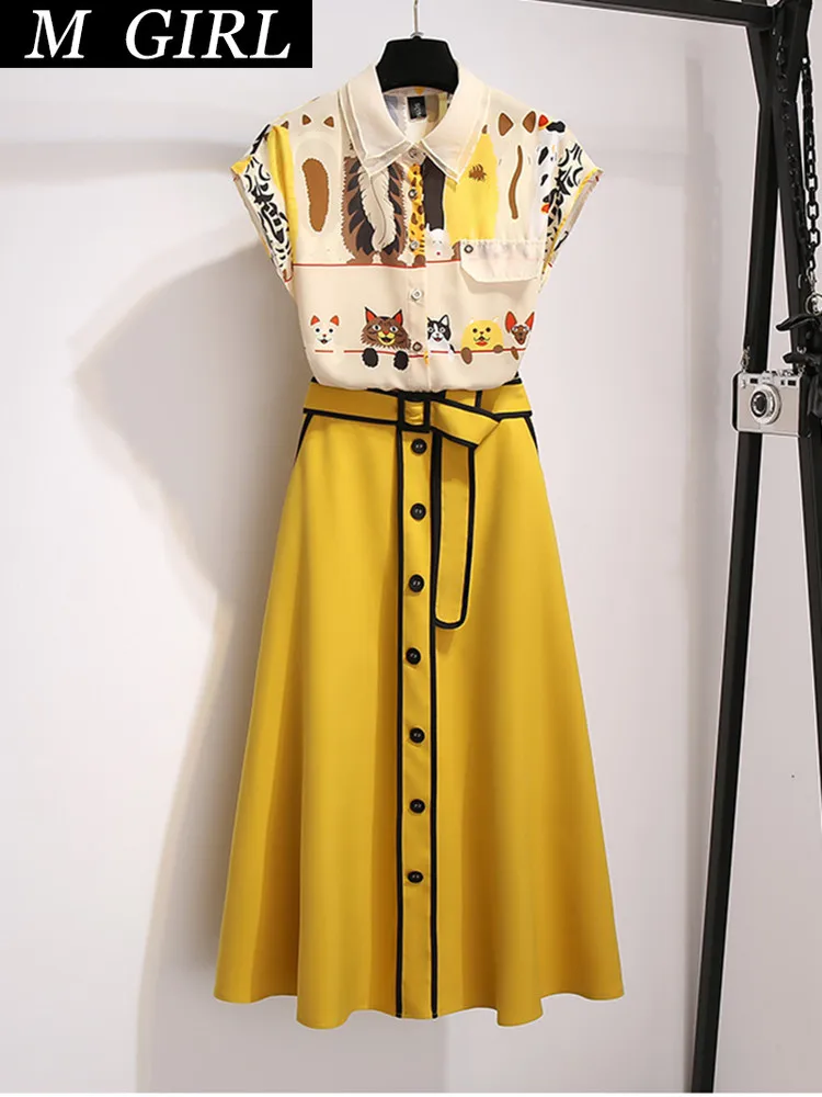 

Korean Fashion Skirt Suits Female Elegant Print Chiffon Shirt + Single-breasted Long Skirt Suits Casual Two Piece Set Outfits