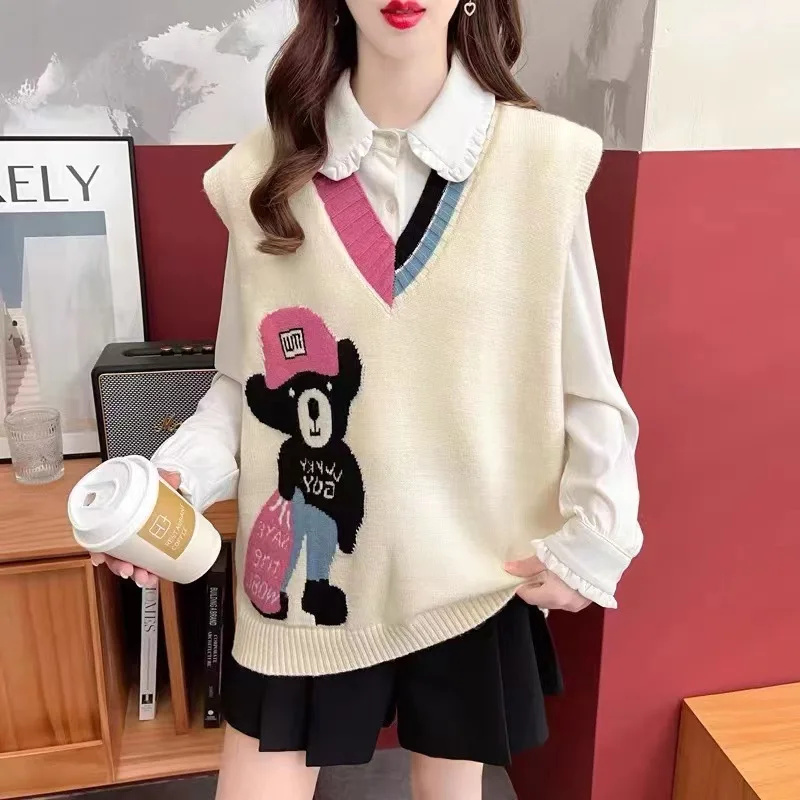 

Wool knitted vest women wear spring and autumn new bear college style design feeling loose tank top tide