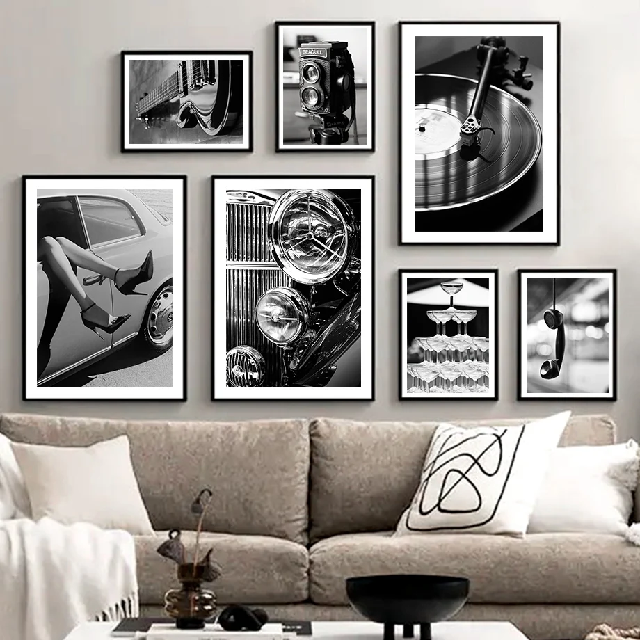 

Black White Retro Vinyl Record Guitar Heels Nordic Wall Art Canvas PostersPainting And Prints Pictures For Living Room Decor