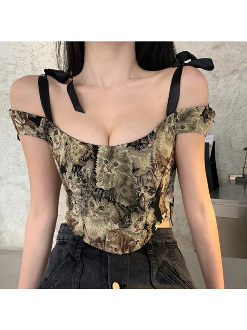 Женское винтажное платье на бретельках короткое с принтом весна-лето 2022