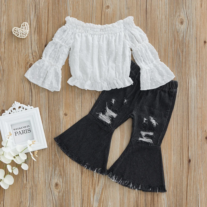 

2Pcs Toddler Girls Spring Autumn Outfits Long Bell Sleeve Off Shoulder Tops + Ripped Flare Jeans Clothes Set