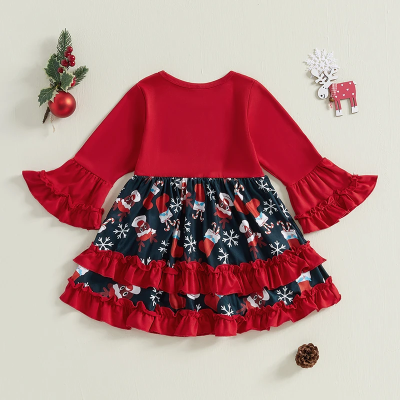 Рождественское платье для маленькой девочки с принтом надписью и оленями